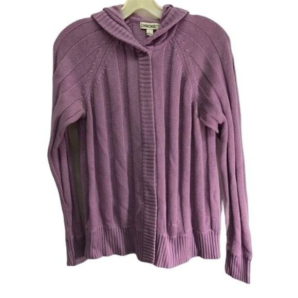 Cherokee purple knitted snap down sweater cardigan long sleeve hooded large READ - Picture 1 of 6